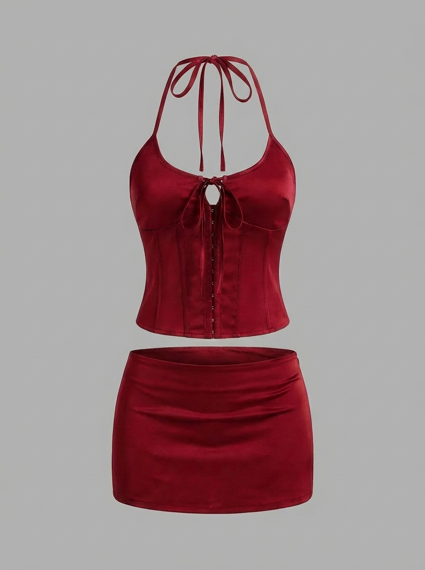Satin Halter Corset Mini Skirt Set