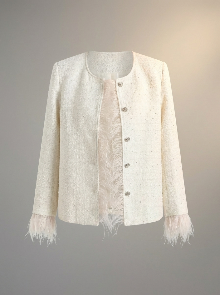 Ivory Feather-Trim Tweed Jacket