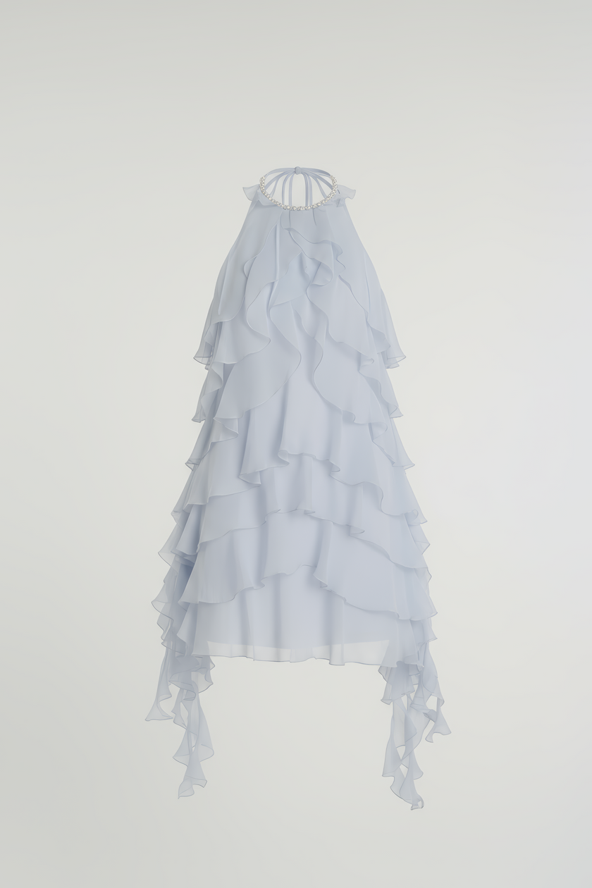 Cascade Blue Ruffle Halter Dress
