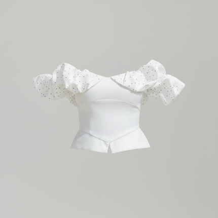 Off-Shoulder Ruffle Dot Bustier Top – White
