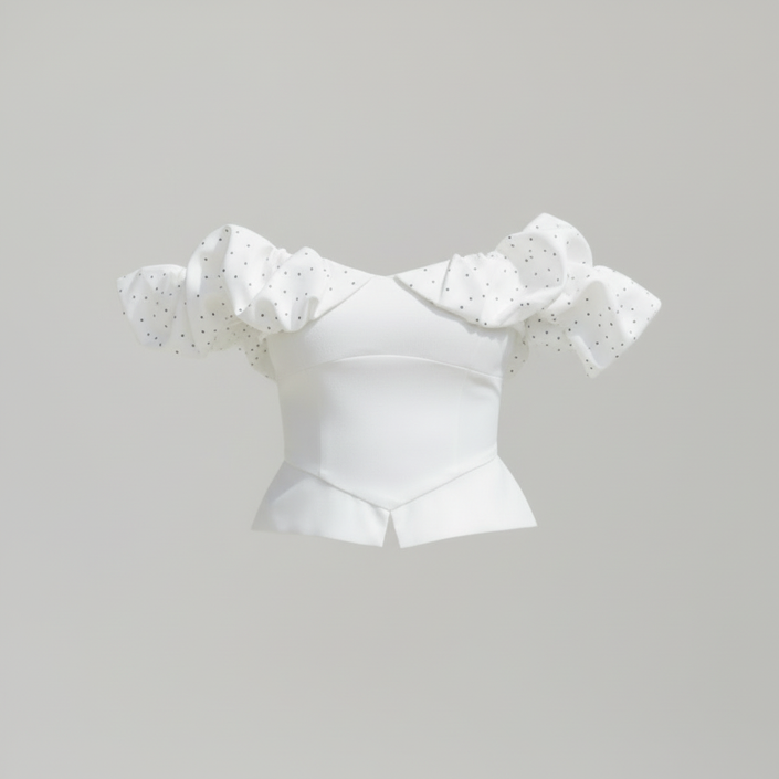 Off-Shoulder Ruffle Dot Bustier Top – White