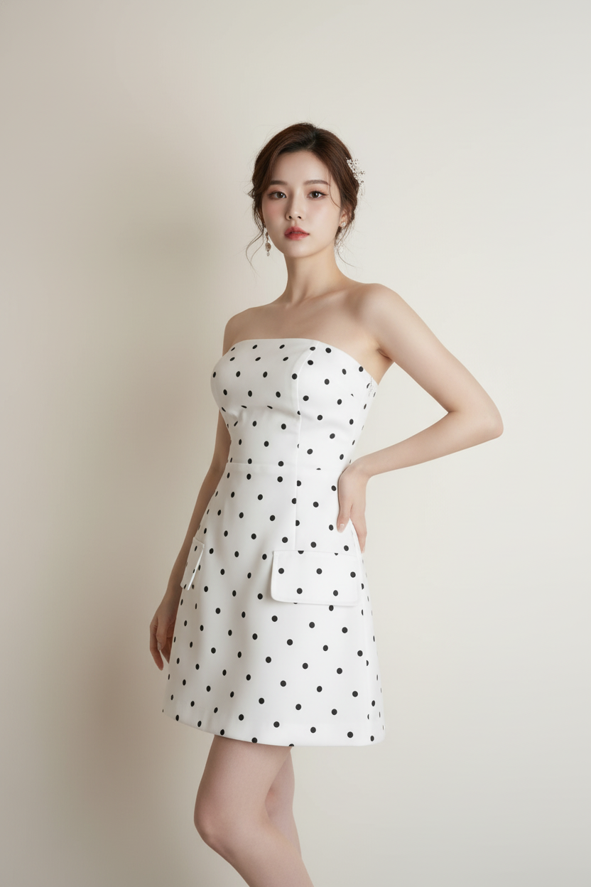 Ivory Polka-Dot Pocket Strapless Mini Dress