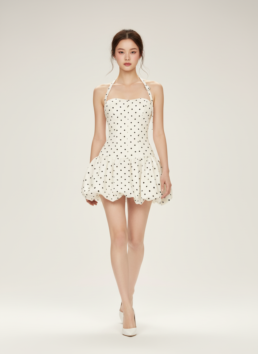 Celeste Polka-Dot Halter Bubble Mini Dress