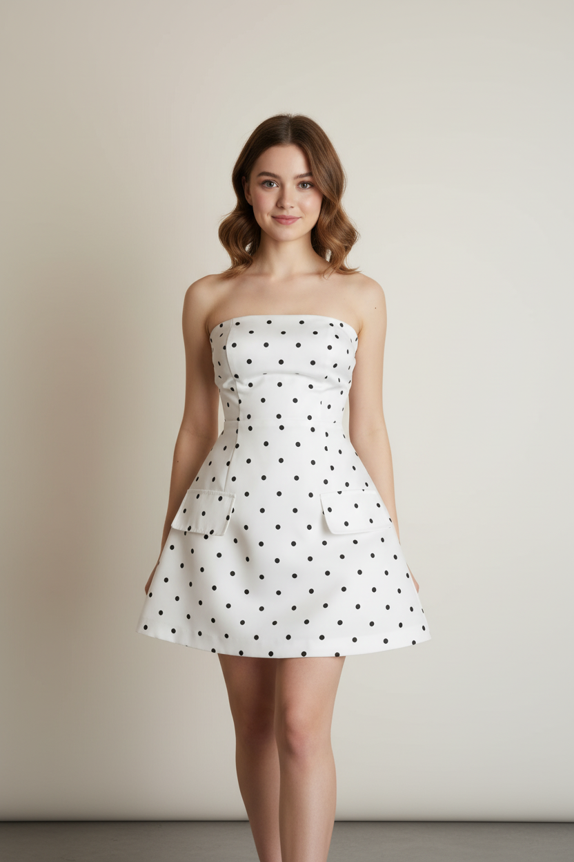 Ivory Polka-Dot Pocket Strapless Mini Dress