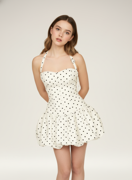 Celeste Polka-Dot Halter Bubble Mini Dress