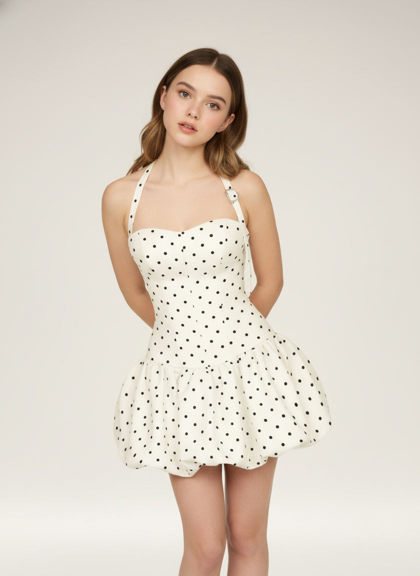 Celeste Polka-Dot Halter Bubble Mini Dress