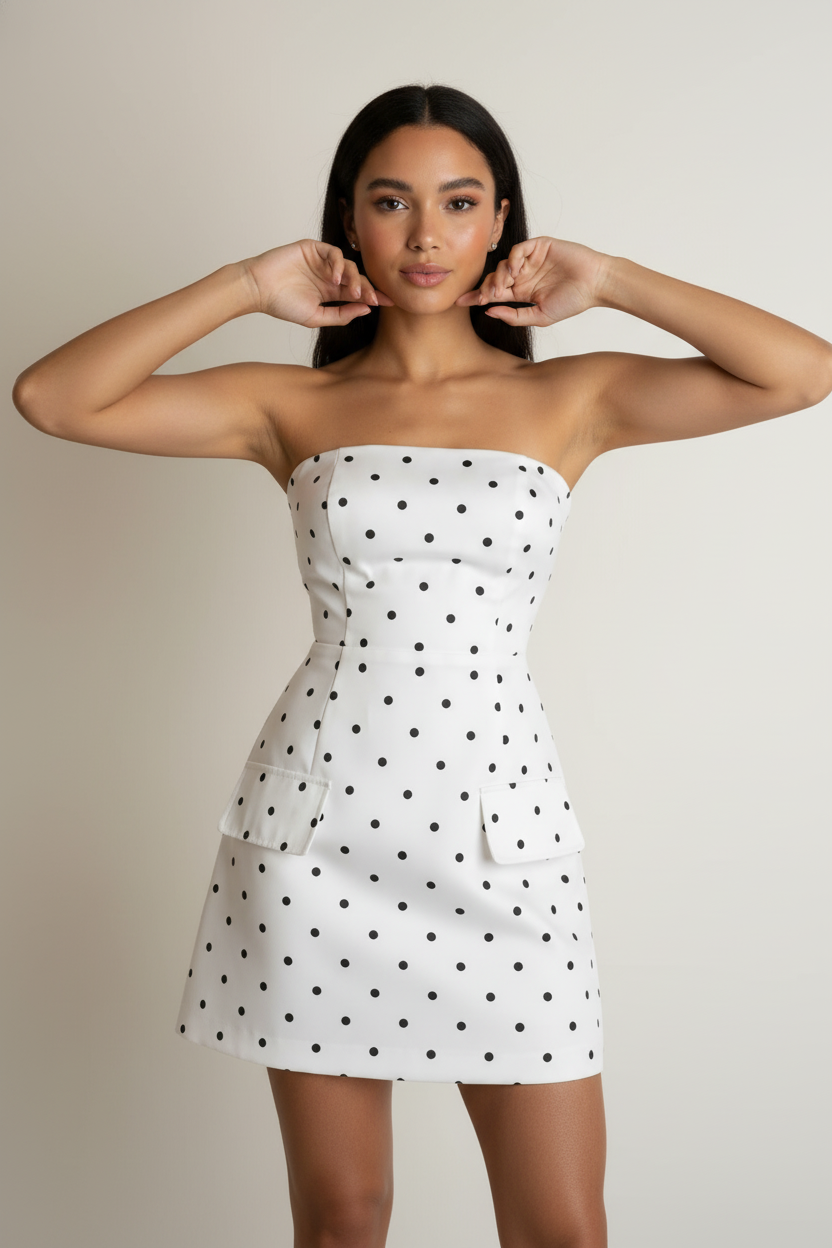 Ivory Polka-Dot Pocket Strapless Mini Dress