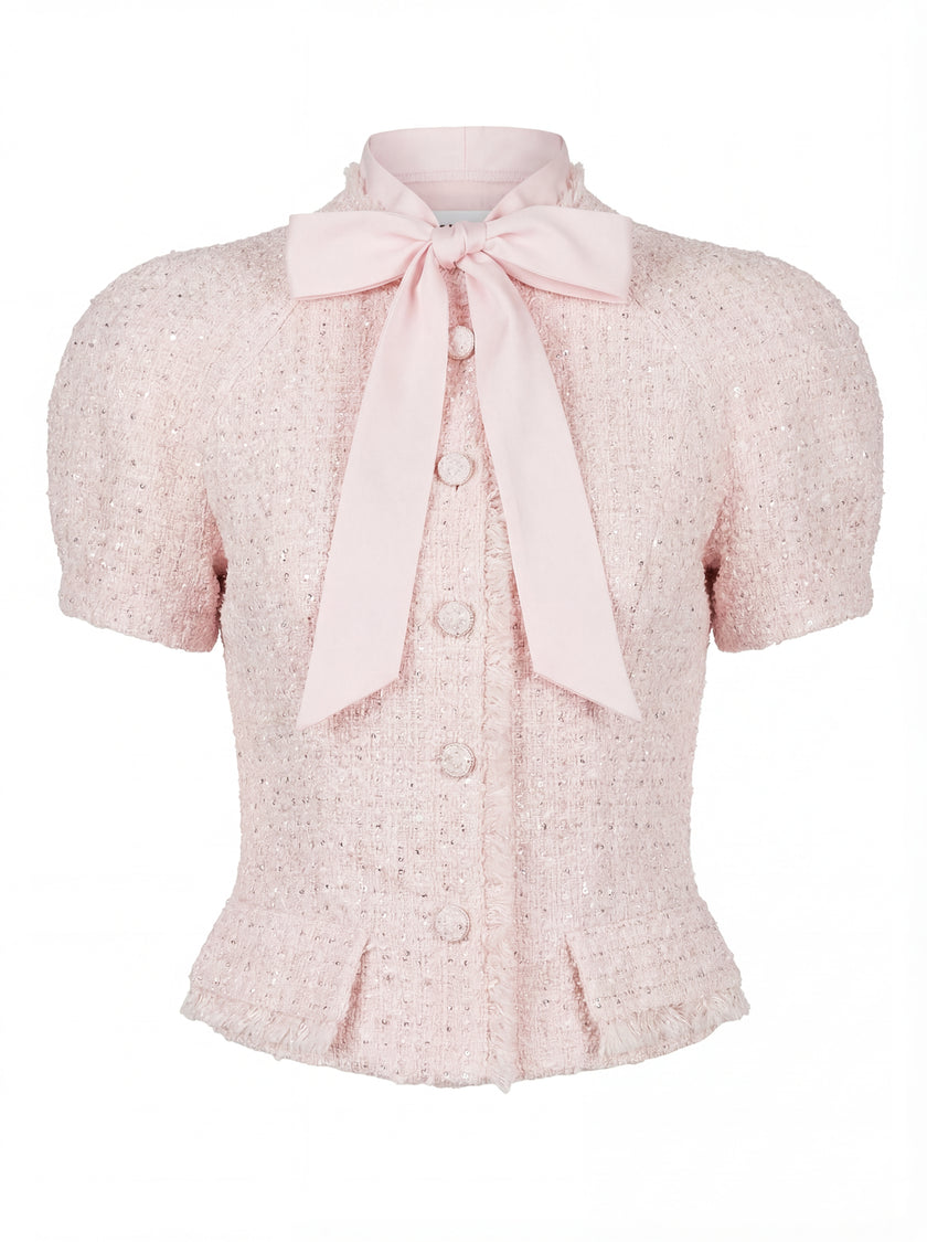 Bow Tweed Top & Pleated Mini Skirt Set