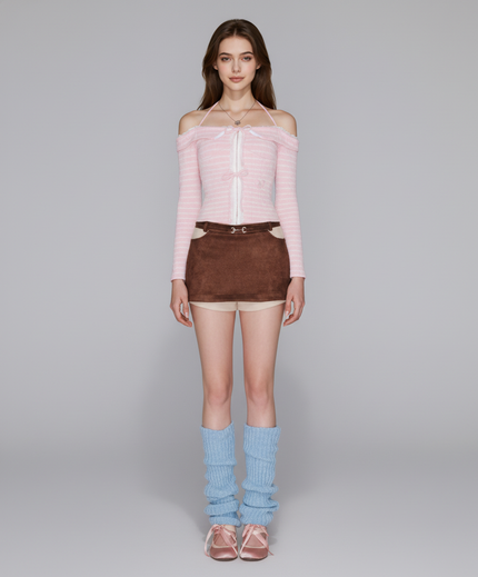 Sugarstripe Off-Shoulder Ribbon Knit Top