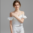 Off-Shoulder Ruffle Dot Bustier Top – White