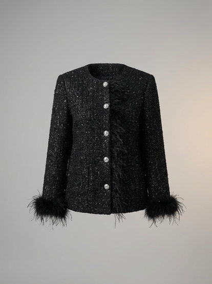 Black Feather-Trim Tweed Jacket