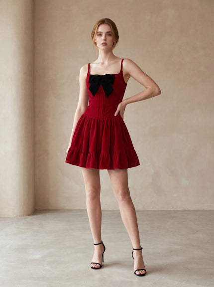 Bow Strap Velvet Mini Dress