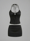 Satin Halter Corset Mini Skirt Set