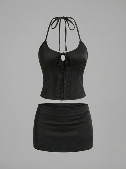 Satin Halter Corset Mini Skirt Set