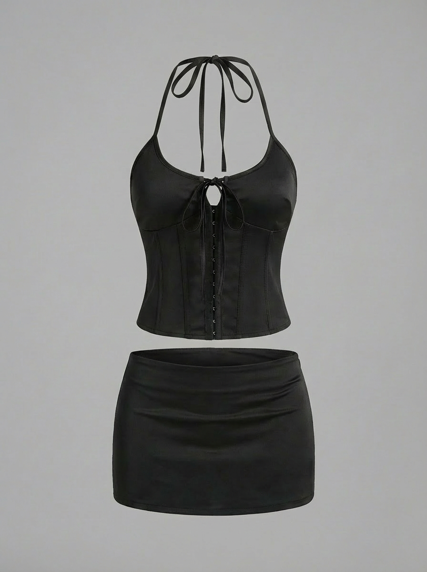 Satin Halter Corset Mini Skirt Set