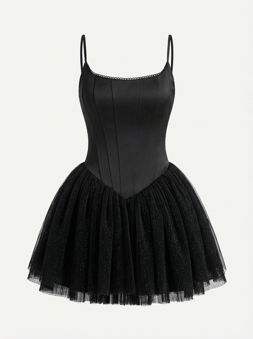 Lace Corset Tulle Mini Dress – Noir Edition
