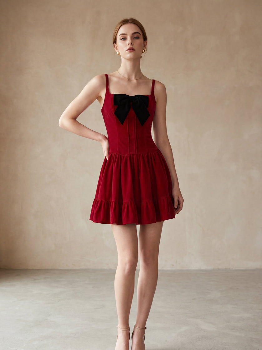Bow Strap Velvet Mini Dress