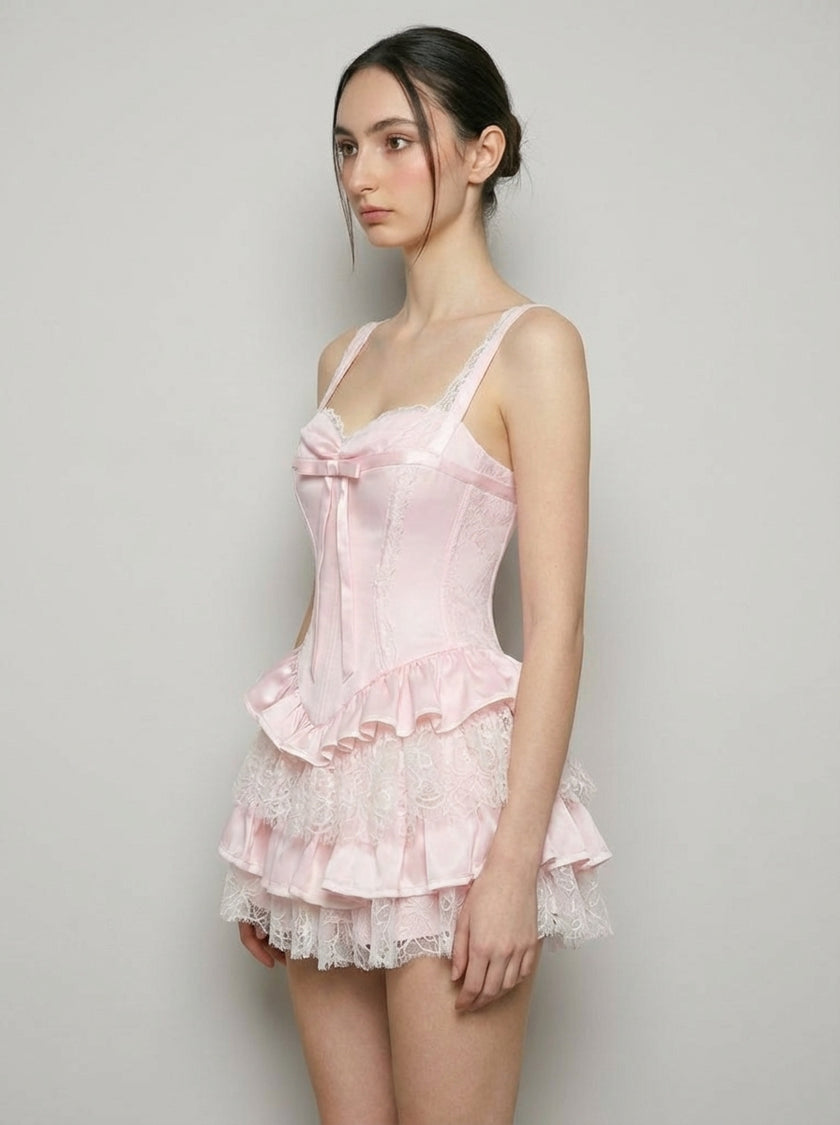 Rosette Satin Lace Tiered Corset Mini Dress