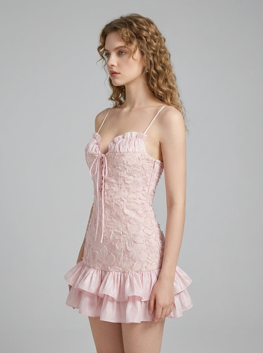 Blossom Ruched Lace Ruffle Mini Dress