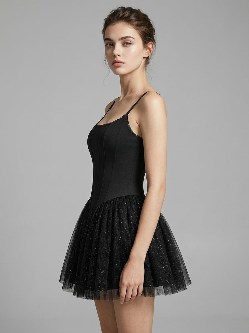 Lace Corset Tulle Mini Dress – Noir Edition