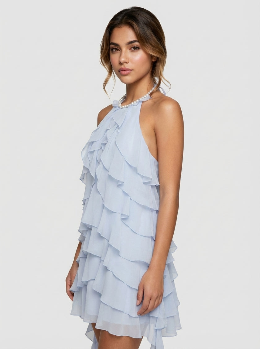 Cascade Blue Ruffle Halter Dress
