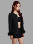 Black Feather-Trim Tweed Jacket