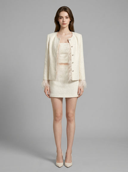 Ivory Feather-Trim Tweed Jacket