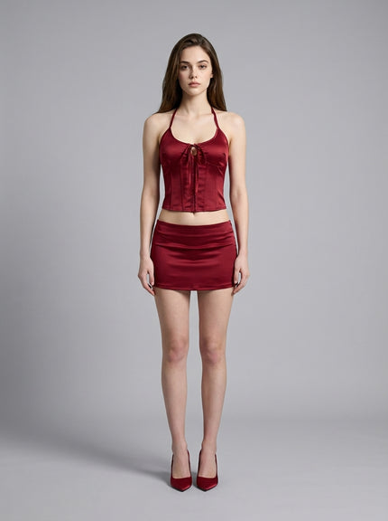 Satin Halter Corset Mini Skirt Set