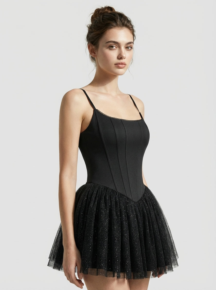 Lace Corset Tulle Mini Dress – Noir Edition