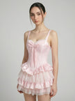 Rosette Satin Lace Tiered Corset Mini Dress