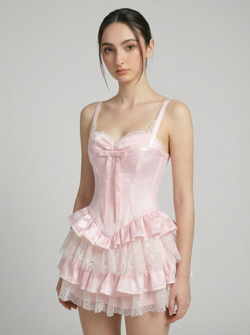 Rosette Satin Lace Tiered Corset Mini Dress