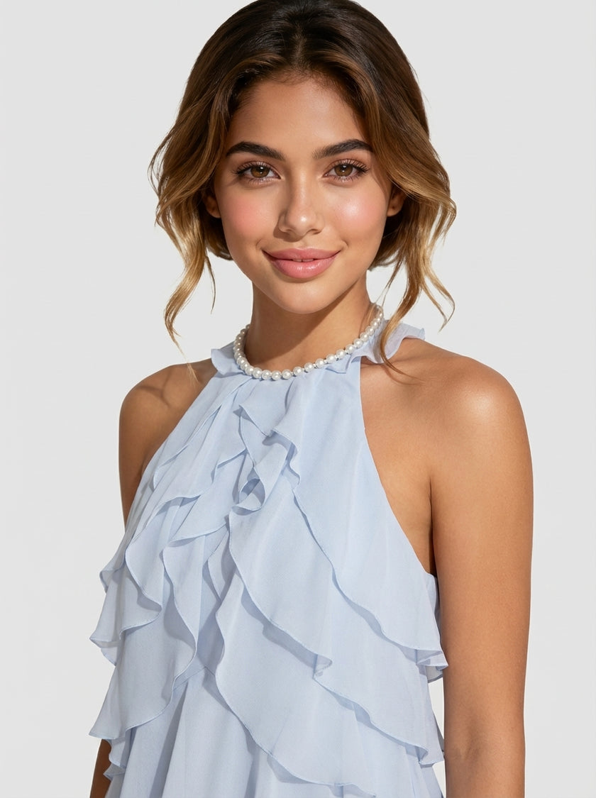 Cascade Blue Ruffle Halter Dress
