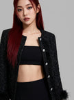 Black Feather-Trim Tweed Jacket