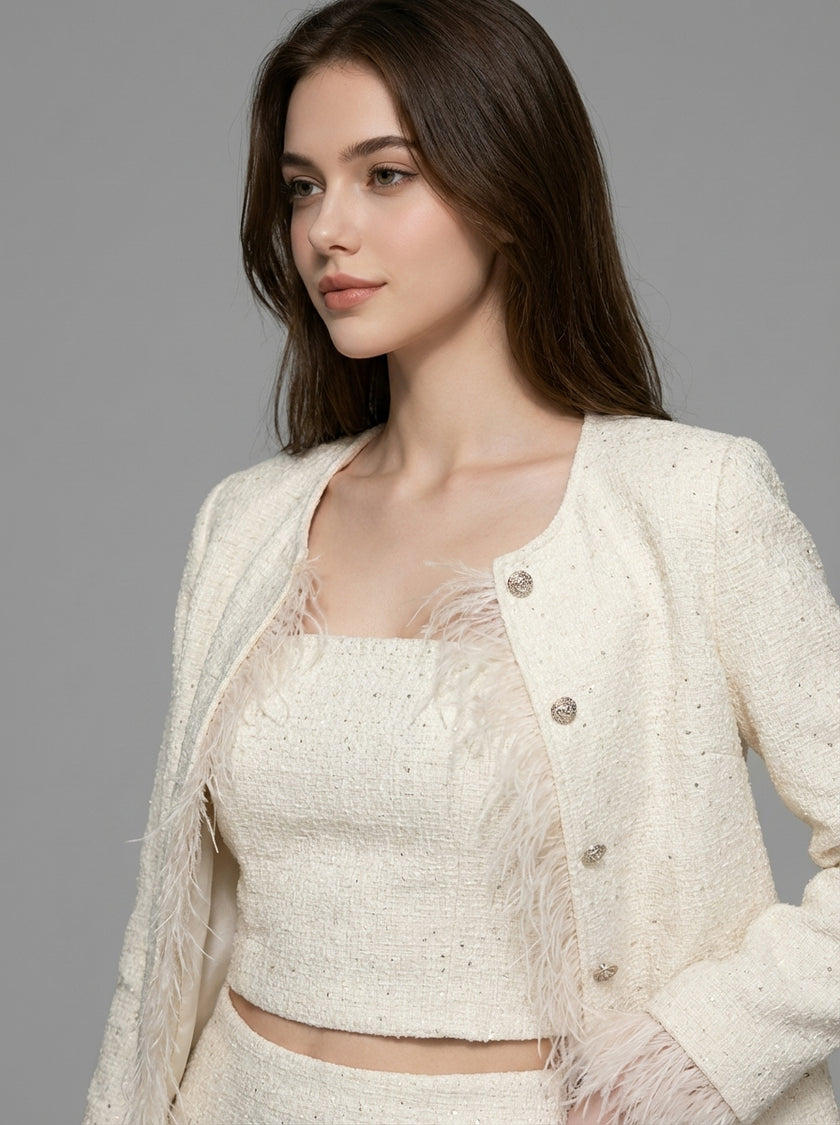 Ivory Feather-Trim Tweed Jacket