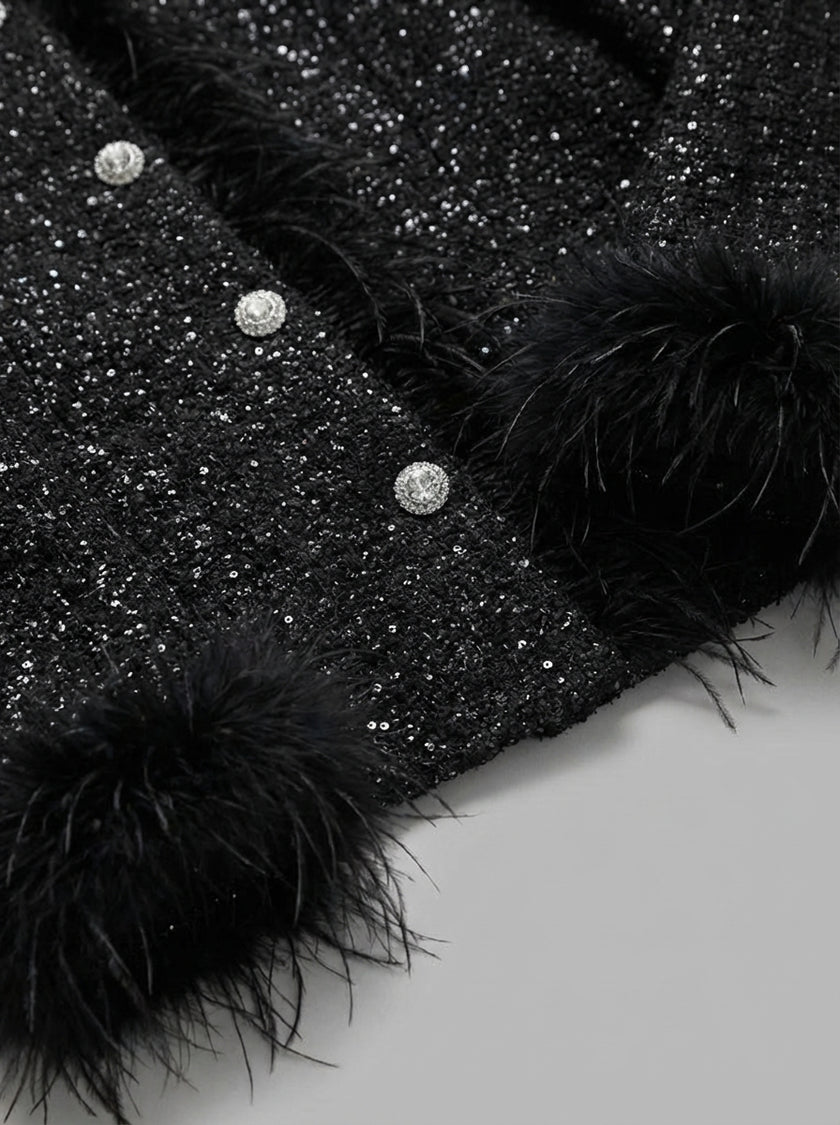 Black Feather-Trim Tweed Jacket