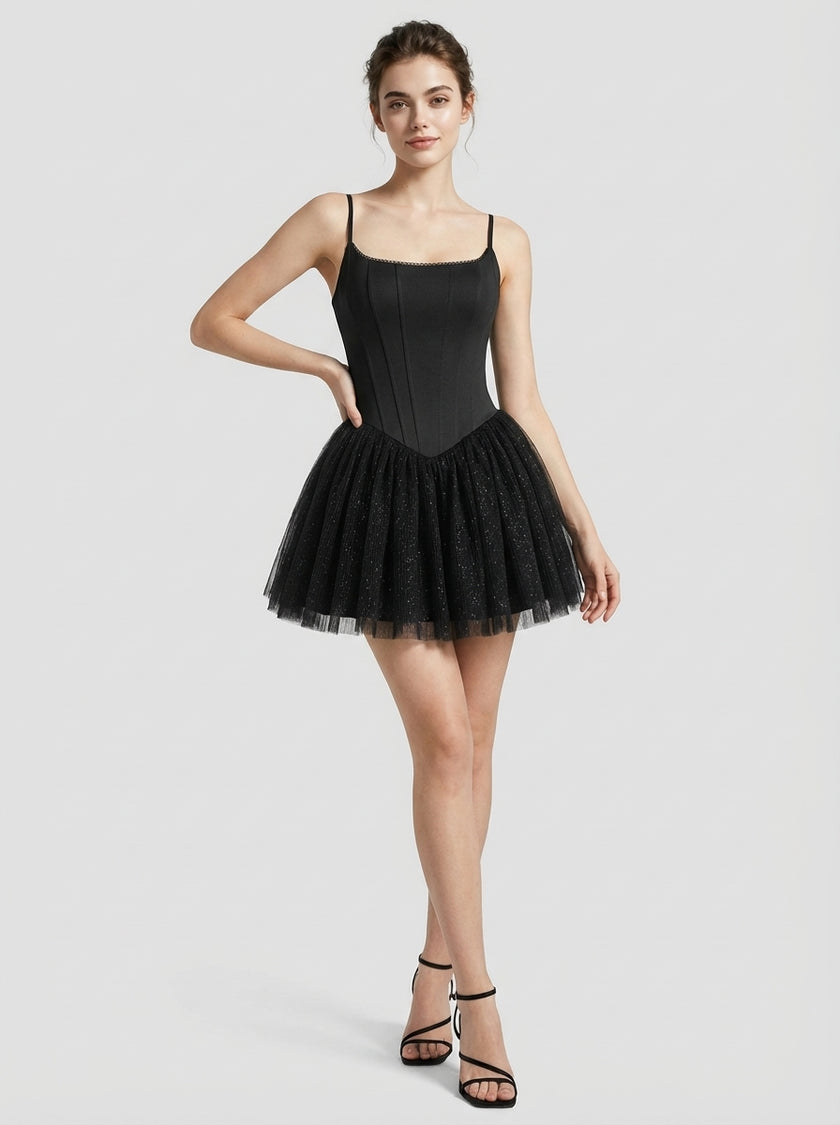 Lace Corset Tulle Mini Dress – Noir Edition