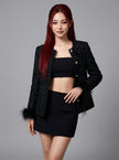 Black Feather-Trim Tweed Jacket