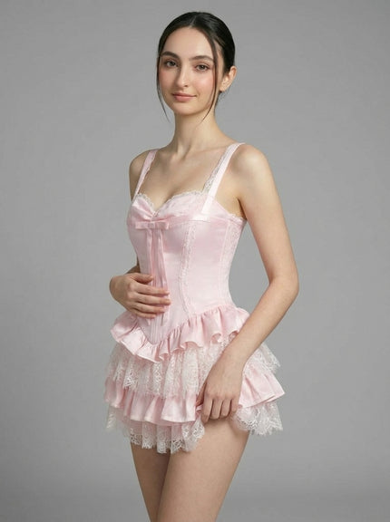 Rosette Satin Lace Tiered Corset Mini Dress