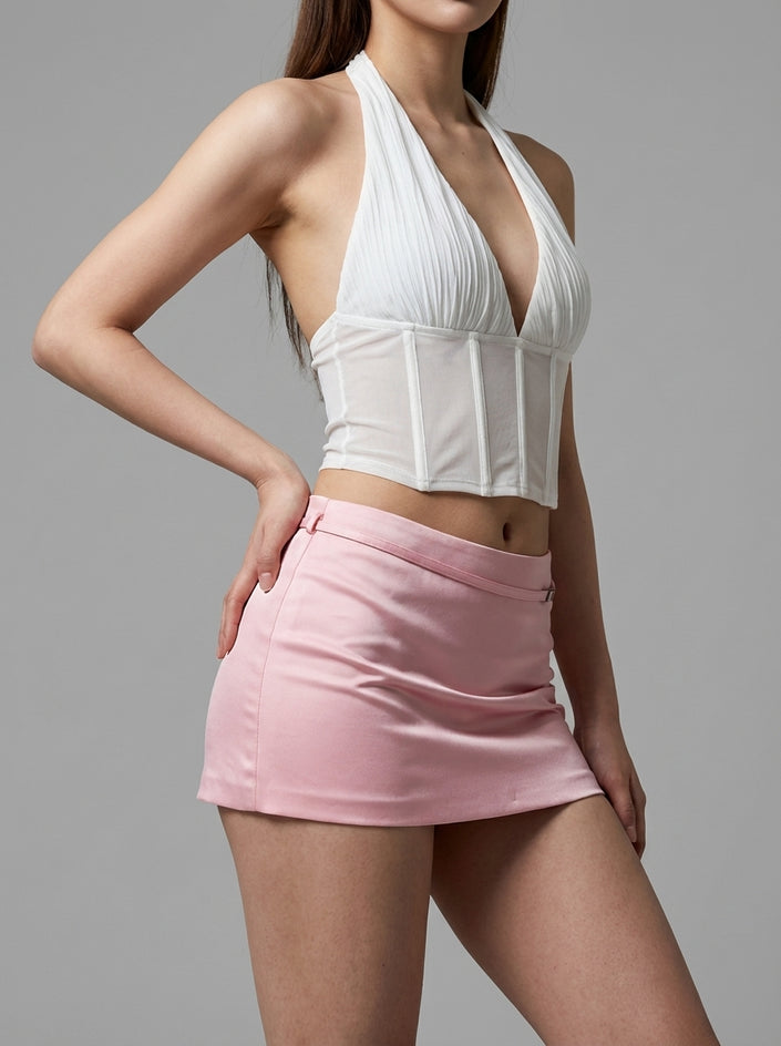 Pink Satin Buckle Micro Mini Skirt