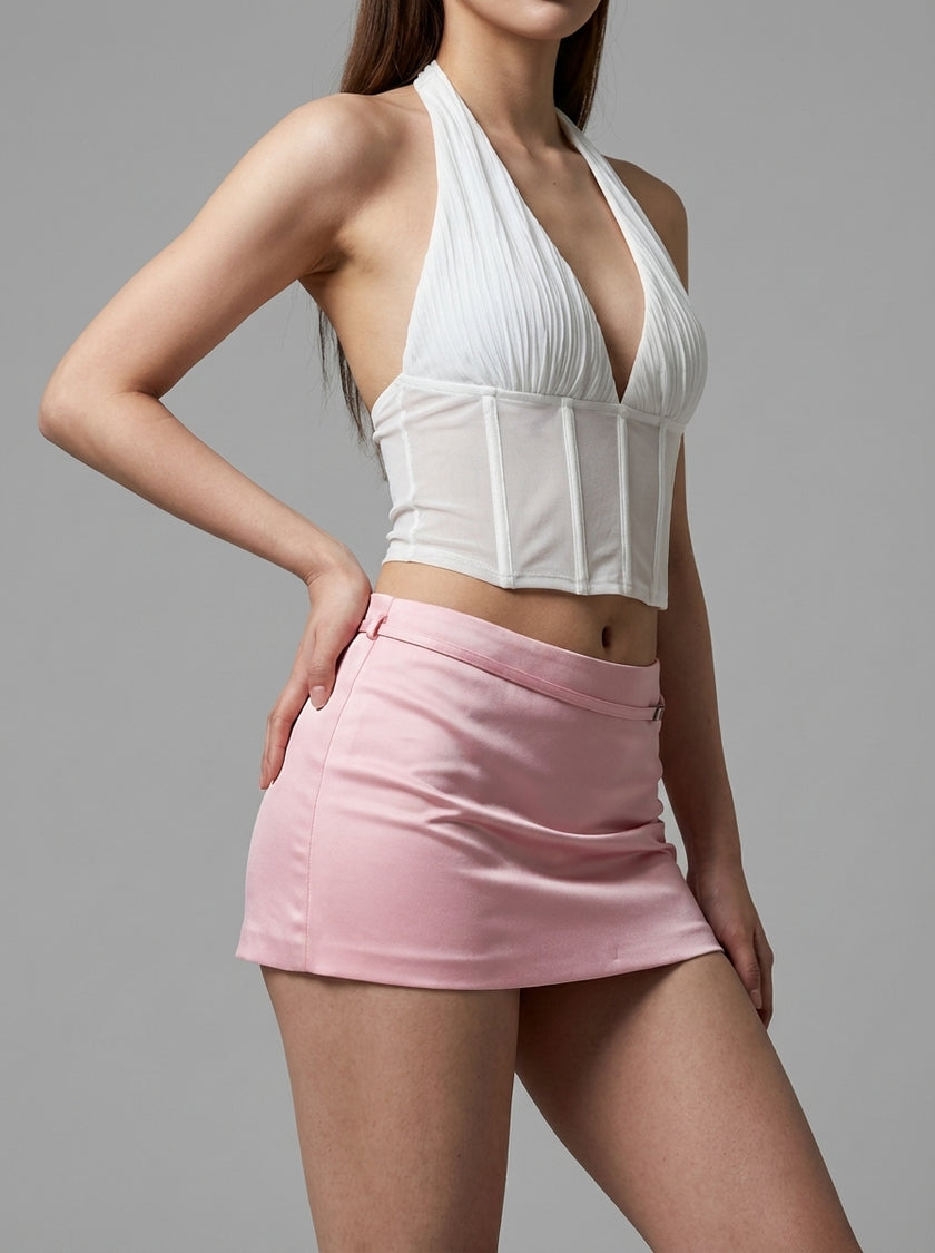 Pink Satin Buckle Micro Mini Skirt