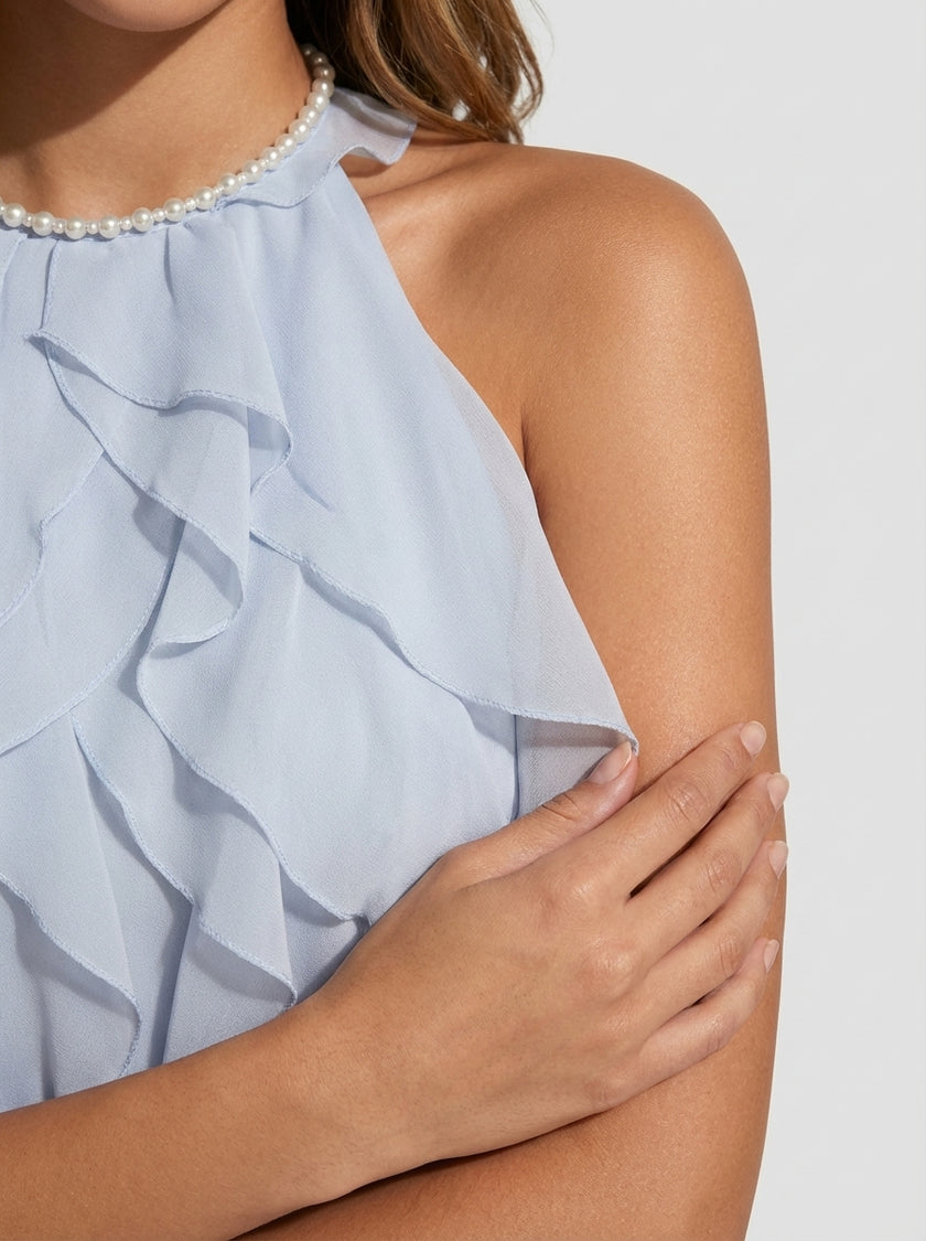 Cascade Blue Ruffle Halter Dress