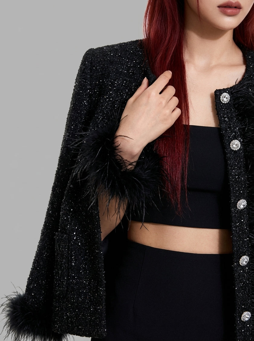 Black Feather-Trim Tweed Jacket