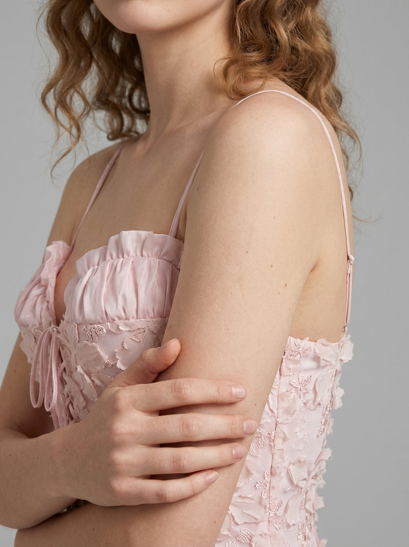 Blossom Ruched Lace Ruffle Mini Dress