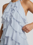 Cascade Blue Ruffle Halter Dress
