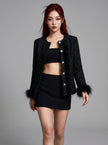 Black Feather-Trim Tweed Jacket