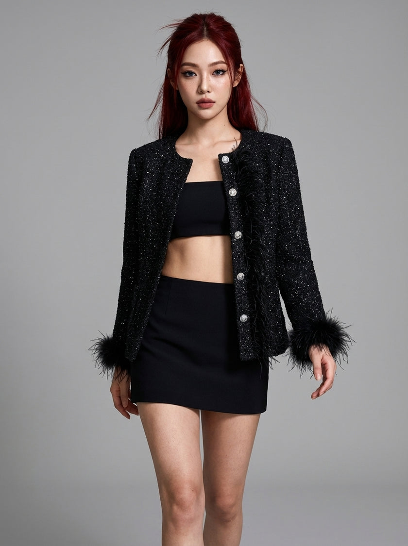 Black Feather-Trim Tweed Jacket