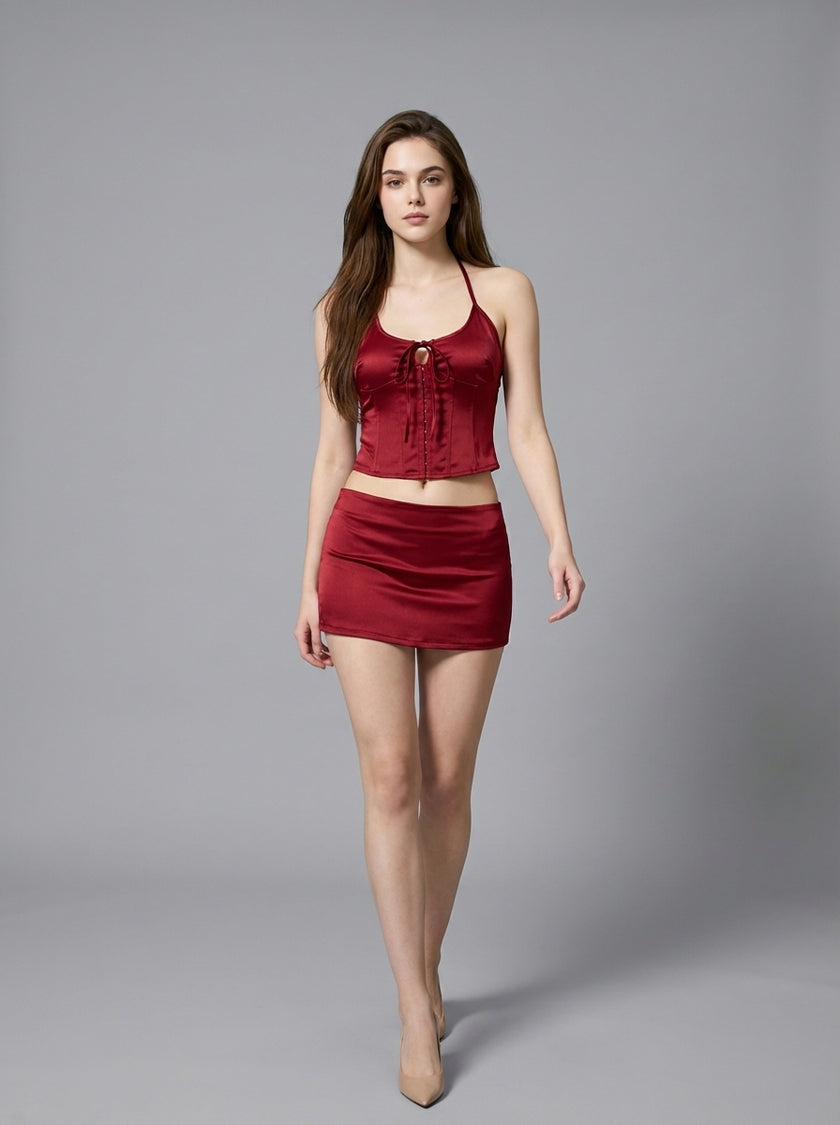Satin Halter Corset Mini Skirt Set