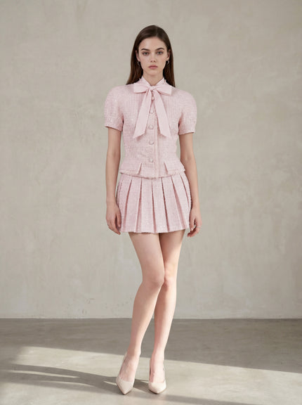 Bow Tweed Top & Pleated Mini Skirt Set