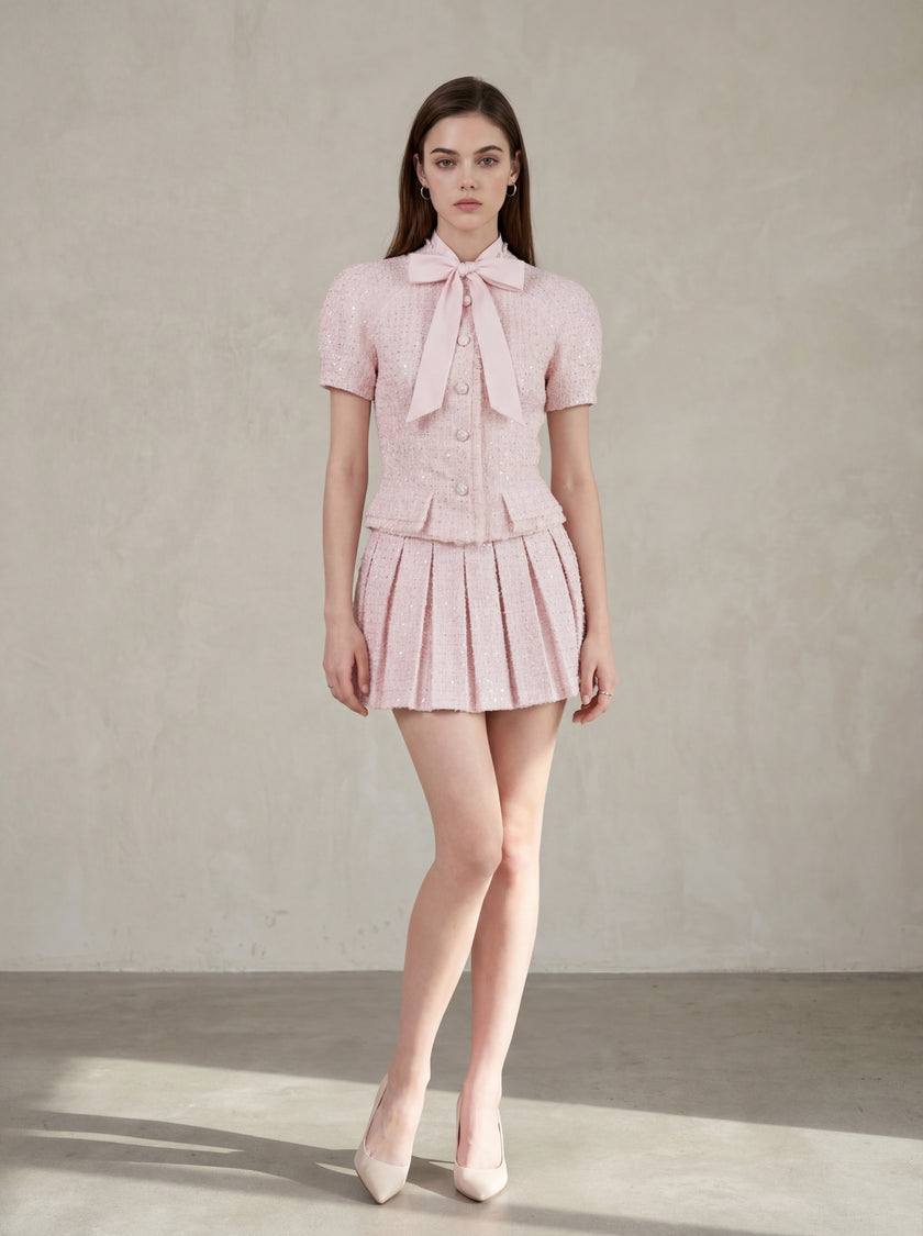 Bow Tweed Top & Pleated Mini Skirt Set