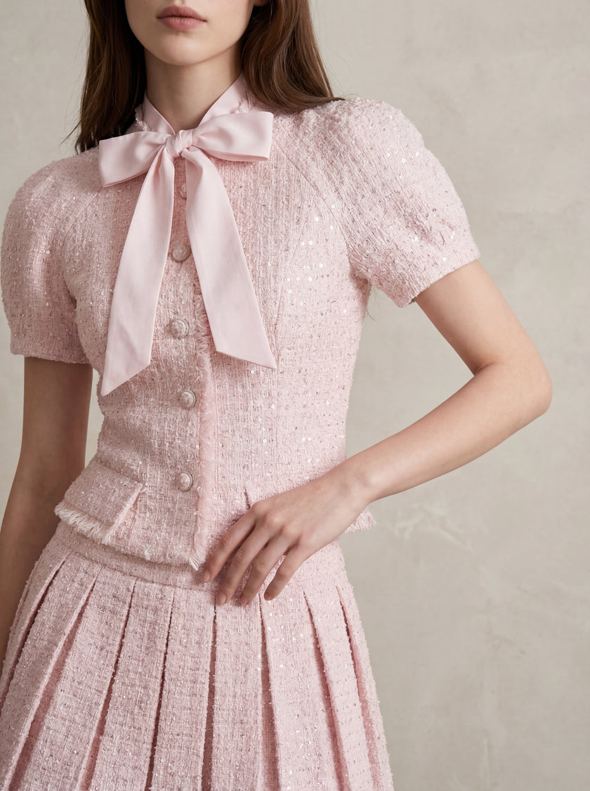 Bow Tweed Top & Pleated Mini Skirt Set